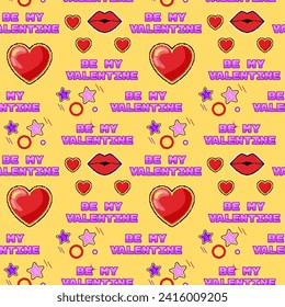 Patrón vectorial sin fisuras con corazones y besos en estilo de arte de píxeles retro. Celebración de San Valentín al estilo de los juegos de los 90. Perfecto para envolver papel o textil.