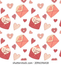 Vector seamless pattern with hearts and letters. Valentines. Valentine card. Symbols of Valentine's day. Hand drawn illustration. The print is used for Wallpaper design, fabric, textile, packaging