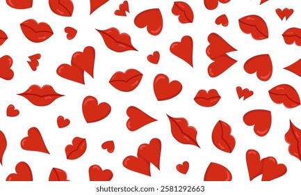 Vector seamless pattern of hearts and lips. Image for wallpaper, packaging and banner for Valentine's Day or wedding. Horizontal banner with red heart and lips