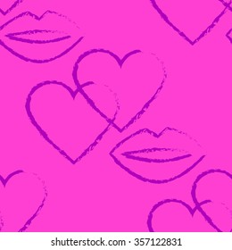 Vector seamless pattern with hearts and lips outlines on bright pink background. Romantic seamless background. Valentine's Day seamless pattern. Stylish romantic wallpaper. Hearts and kisses.
