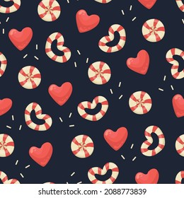 Vektornahtloses Muster mit Herzen und Lolipops für Valentinstag.