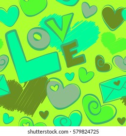 Vector seamless pattern with hearts and love elements. Love background in green colors with doodle elements.
