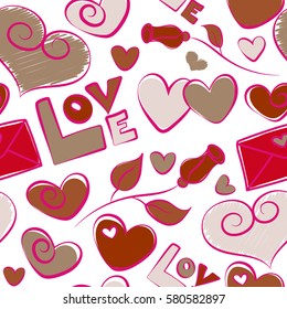 Vector seamless pattern with hearts and love elements on a white backdrop. Love background in red and brown colors with doodle elements.