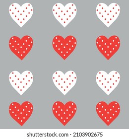 Vector seamless pattern of hearts on a gray background. Red and white hearts with polka dots. Ornament from symbols of love. Heart print.