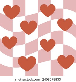 Patrón vectorial sin fisuras de corazones sobre fondo de tablero de ajedrez retro groovy