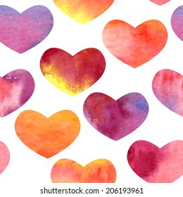 vector seamless pattern with hearts painted by watercolor