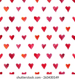 Vector seamless pattern of hearts painted in watercolor.