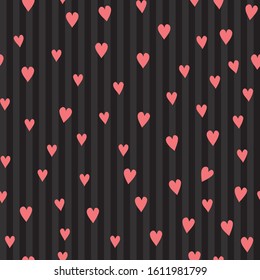 Vector seamless pattern with hearts. Pink hearts on a black striped background. Illustration on the theme of love and Valentine's Day.