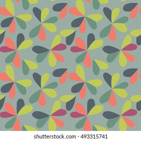 Vector seamless pattern with hearts placed in clover shapes. Flat shamrock imagined colors background. Simple repeating colorful texture.