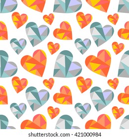 Vector seamless pattern with hearts. Polygonal design. Geometric triangular origami style, graphic illustration. Series of Love Seamless Patterns. 