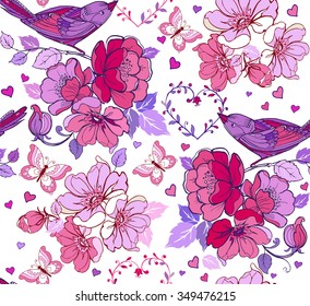 Vector seamless pattern with hearts and purple birds.  Decorative ornament backdrop for fabric, textile, wrapping paper.