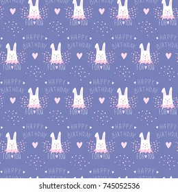 Vector seamless pattern with hearts, rabbit and inscriptions "For you". Romantic background for Happy Birthday. Tender color. Repeat design. Best wishes. 