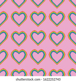 Vector seamless pattern of hearts in rainbow colors. Vector rainbow 8 bit pixel art style heart. LGBT community symbol. Pixel color heart Valentines Day.