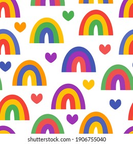 Vector seamless pattern of hearts and rainbows. Rainbows and hearts in LGBT color