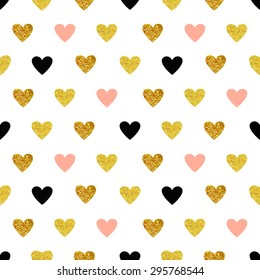 Vector seamless pattern with hearts of rose gold and black. Gold hearts, sparkles, shining hearts. Paddle, children's background.