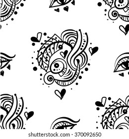 Vector seamless pattern with hearts for Saint Valentine's day and universal design. Black and white hand drawn pattern in bohemian style
