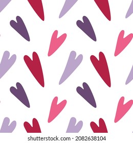 Vector seamless pattern with hearts. Simple illustration in flat style in lilac, lavender, pink, red color for textile, wrapping paper, decorations