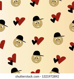 Vector seamless pattern with hearts and smiley faces.