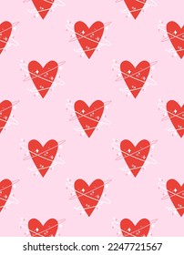 Vector seamless pattern with hearts and sparkles on the pink background. Valentine’s day design elements. Suitable for posters, postcards, greeting cards, backgrounds, textile and fabric.