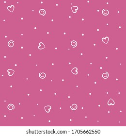 Vektorillustration nahtlose Muster von Herzen, Spirale und Kreise auf rosafarbenem Hintergrund. Feiertagswrapping,
