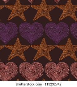 Vector seamless pattern with hearts and stars. Hand drawn linear texture. Design template for wallpapers, textile, clothes, web pages background