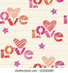Vector seamless pattern with hearts, stars, lettering made using stencil on sheet of notebook. Vintage romantic background Valentines Day's, wedding with text - love. Illustration in hand drawn style