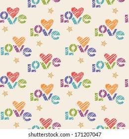 Vector seamless pattern with hearts, stars, lettering LOVE made using stencil. Vintage romantic decorative background Valentine's Day, wedding. Illustration in hand drawn sketch style for print, web