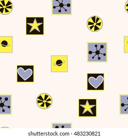 Vector seamless pattern with hearts, stars and planets. cute and funny fashion illustration patches or stickers set. Modern pop art badges and pins