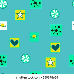 Vector seamless pattern with hearts, stars and planets. 