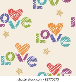 Vector seamless pattern with hearts, stars and lettering made using stencil. Vintage romantic background Valentines Day's with text - love.