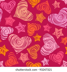 Vector seamless pattern with hearts and stars of doodles made using stencil. Romantic red background Valentines Day's and wedding in pencil sketch style