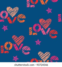 Vector seamless pattern with hearts, stars and lettering made using stencil in pencil sketch style. Vintage romantic dark blue background Valentines Day's and wedding with text - love