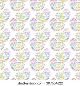 Vector seamless pattern with hearts of straight rainbow lines on a white background. Eps 10.