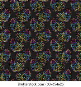 Vector seamless pattern with hearts of straight rainbow lines on a black background. Eps 10.