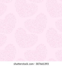 Vector seamless pattern with hearts of thin curves lines on a pink background. Eps 10.