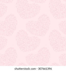 Vector seamless pattern with hearts of thin curves lines on a beige background. Eps 10.