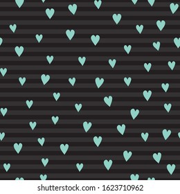 Vector seamless pattern with hearts. Turquoise hearts on a black striped background. Illustration on the theme of love and Valentine's Day.