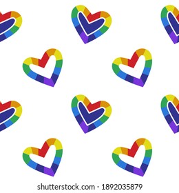 Vector seamless pattern of hearts for Valentine's Day with a mosaic in the form of an LGBT flag along the contour.