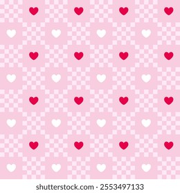 Vector seamless pattern with hearts. Valentine's day. Checkered pink background.