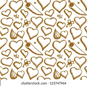 Vector seamless pattern with hearts and vegetables. Sketch.