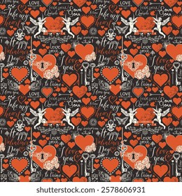 Vector seamless pattern with hearts, wings, roses, cupids, letters, keys, keyholes and inscriptions on the theme of love and St. Valentine. Abstract background with handwritten statements