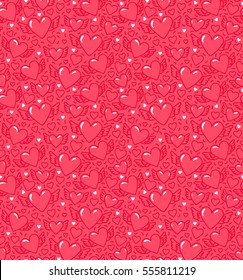Vector seamless pattern with hearts with wings. Cute girlish hand drawn background.  Pink winged hearts on red background. Pattern with symbols of St. Valentine, love and marriage for your design