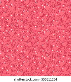 Vector seamless pattern with hearts with wings. Cute girlish hand drawn background.  Pink winged hearts on red background. Pattern with symbols of St. Valentine, love and marriage for your design