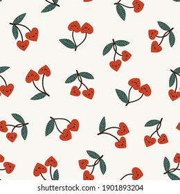 Vector seamless pattern with heart-shaped cherry berries. Romantic repeated texture with cute cartoon characters. Childish print for kids fabric and wrapping paper. Scandinavian style.