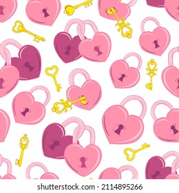 Vector seamless pattern with heart-shaped locks and keys for fabric, textile, valentine for Valentine s Day.