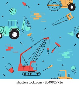 Vector Seamless Pattern with heavy equipment concept. Hand drawn flat and doodle style for design. Best For Fabric Printing, Children's rooms, Clothing, Textiles, Wallpaper, Backgrounds.