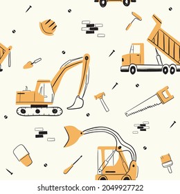 Vector Seamless Pattern with heavy equipment concept. Hand drawn flat and doodle style for design. Best For Fabric Printing, Children's rooms, Clothing, Textiles, Wallpaper, Backgrounds.