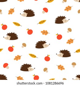 Vector seamless pattern of hedgehog with apples, mushrooms and leaves