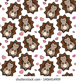 Vector seamless pattern with hedgehog, hearts and lips