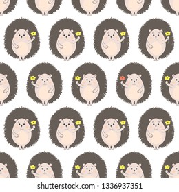 vector seamless pattern with hedgehog holding flower